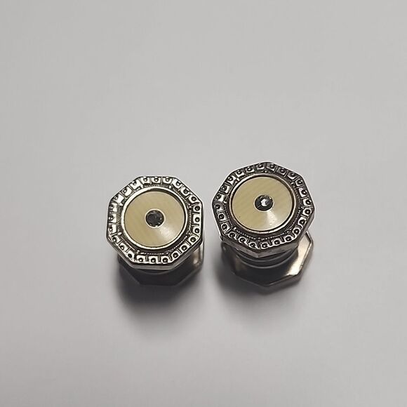 Antique Snap Cufflinks 1920s Celluloid Silver Tone Glass Rhinestone Center - Picture 1 of 4